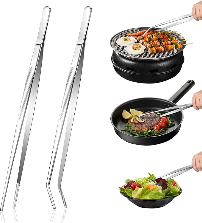 2-Piece Kitchen Tongs Set: Straight & Curved Edge Stainless Steel Non-Slip Grip Tweezers with Non-Slip Grip for BBQ, Grilling Steak & Flipping Pancakes