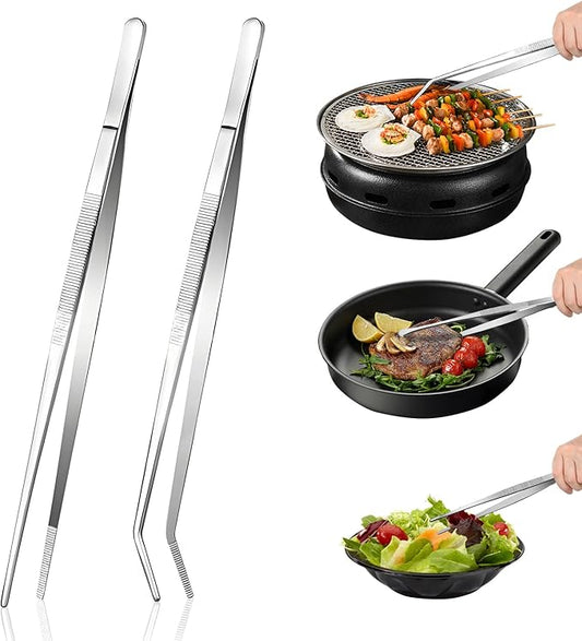 2-Piece Kitchen Tongs Set: Straight & Curved Edge Stainless Steel Non-Slip Grip Tweezers with Non-Slip Grip for BBQ, Grilling Steak & Flipping Pancakes