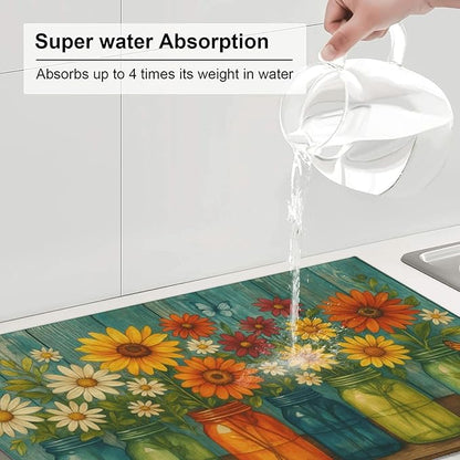 Rustic Vintage Flower Dish Drying Mats for Kitchen Counter, Large 18"x24" Dish Mats for Drying Dishes, Microfiber Absorbent Dish Drying Pad Rack Mat Kitchen Decor Reusable Washable