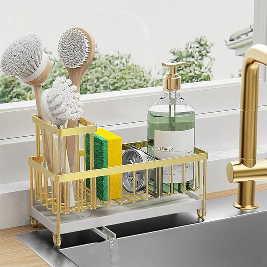 Cisily Sponge Holder for Kitchen Sink, Sink Caddy Organizer with High Brush Holder, Kitchen Countertop Organizers and Storage Essentials, Rustproof 304 Stainless Steel (Gold, 9.25″) by CISILYHOMELIFE