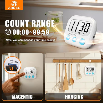 2 Pack Digital Kitchen Timer for Cooking Big Digits Loud Alarm Magnetic Backing Stand Cooking Timers for Baking White - Image 3
