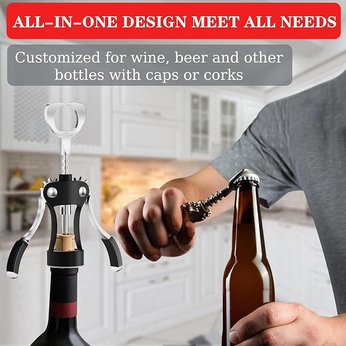 KORCCI Wine Opener, Heavy-Duty Zinc Alloy Wing Corkscrew, Premium Beer Bottle Opener, Multifunctional Wine Accessories with Ergonomic Handle and Sharp Screw, for Kitchen, Bar, Restaurant (BLACK) - Image 4