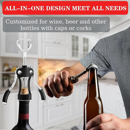 KORCCI Wine Opener, Heavy-Duty Zinc Alloy Wing Corkscrew, Premium Beer Bottle Opener, Multifunctional Wine Accessories with Ergonomic Handle and Sharp Screw, for Kitchen, Bar, Restaurant (BLACK) - Image 4