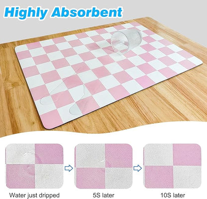 CooRug Checkered Dish Drying Mat for Kitchen Counter, Absorbent Non-Slip Coffee Mat, Heat Resistant Mat for Countertops Coffee Bar Decor 12" x 20" Pink - Image 4