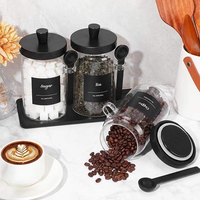Suclain 3 Pcs Glass Coffee Container with Wooden Lid Spoon Shelf Labels Clear Airtight Jar Food Storage Canister Set for Sugar Spice Coffee Bean Holder Housewarming Gift(25 oz,Black Bamboo) - Image 5