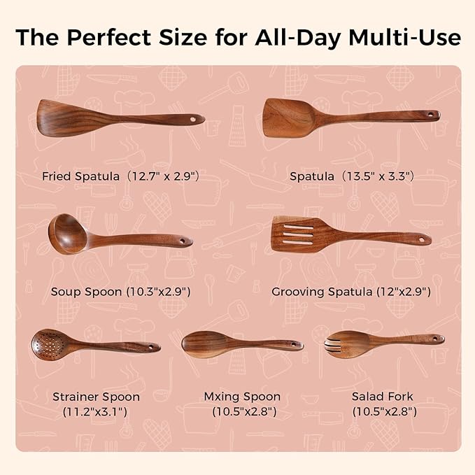 Wooden Spoons for Cooking - 7 Pieces Wooden Kitchen Utensils Set, Smooth Natural Teak Wood Utensil Set, Nonstick Heat-Resistant Cooking Utensils - Lightweight & Sturdy, Wooden Spatula for Cooking - Image 4