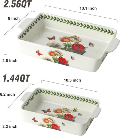 Ceramic Papaver rhoeas Baking Casserole Dish with Handles, Large 2 pieces 8x13 inch & 6x10 inch Lasagna Baking Dish and Middle Flower Andplant Baking Pan,Porcelain Serving Bakeware Set - Image 2