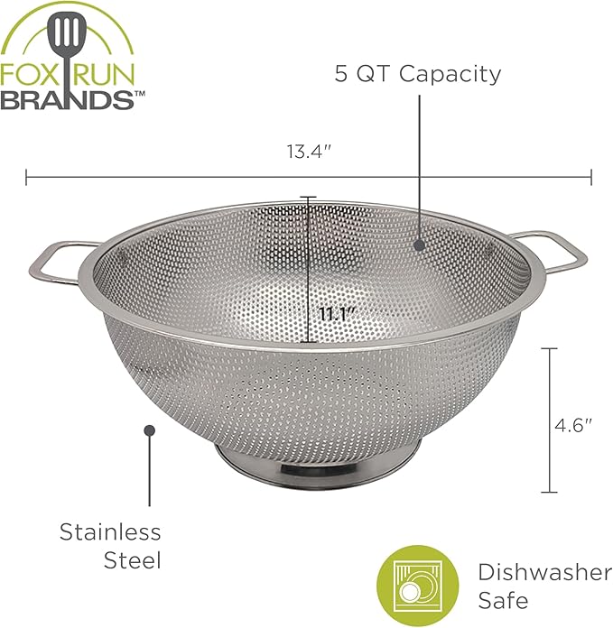 Fox Run Large Stainless Steel Colander, 5 Quart Pasta Strainer With Handles, 11” x 13.5” x 5” - Image 6