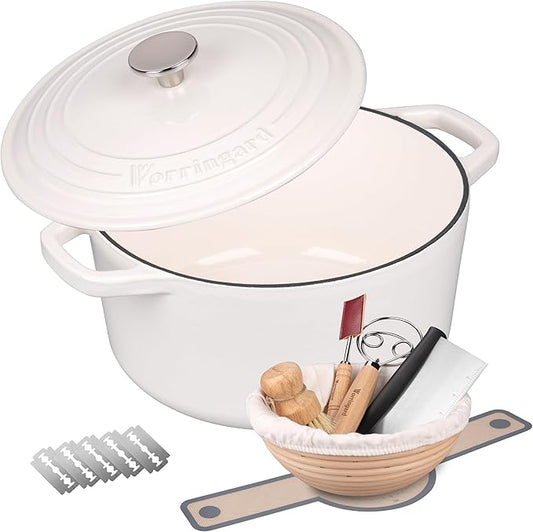 VORRINGARD Enameled Cast Iron Dutch Oven Pot with Lid, for Bread Baking, Round Bread Oven- include Sourdough Bread Baking Supplies Set, 6QT, White by Unknown