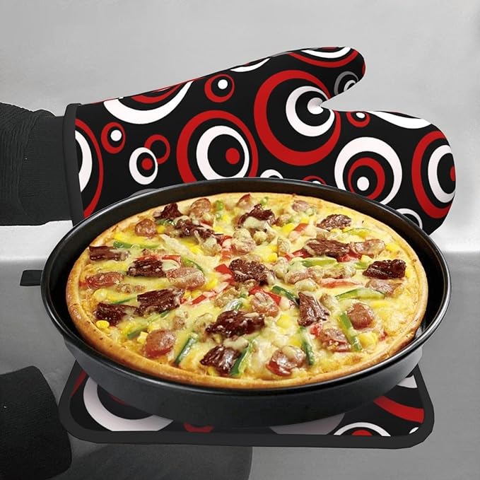 Retro Red Circles Oven Mitt and Pot Holder Set (3-Piece) - Heat Resistant Non-Slip Modern Geometric Gloves Gift for Chef Cooking Baking Grilling BBQ Lovers, Stylish Kitchen Decor, Red White Black Grey - Image 4