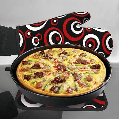 Retro Red Circles Oven Mitt and Pot Holder Set (3-Piece) - Heat Resistant Non-Slip Modern Geometric Gloves Gift for Chef Cooking Baking Grilling BBQ Lovers, Stylish Kitchen Decor, Red White Black Grey - Image 4