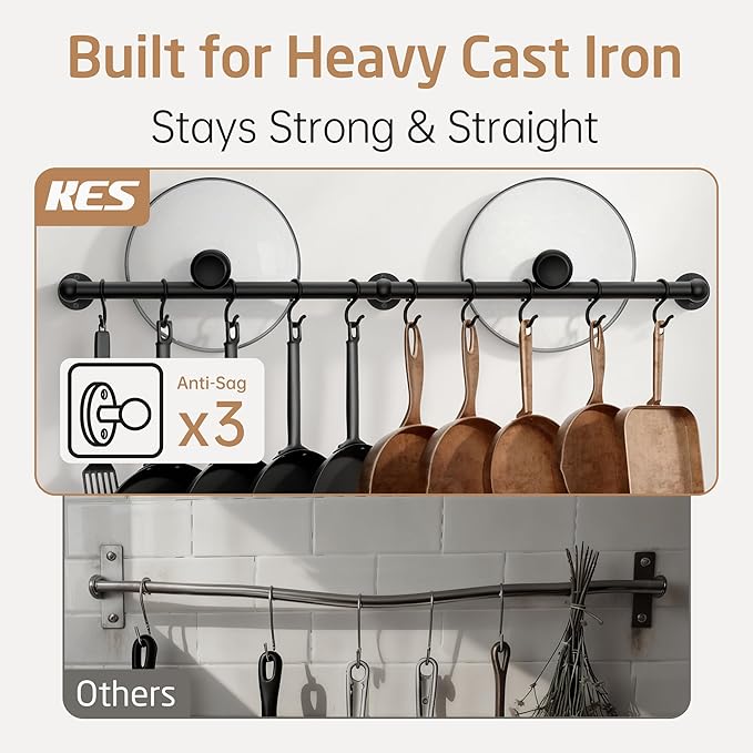 KES 130lb High-Capacity 32 Inch Pot Rack Wall Mounted with 3X Thick Tube, Pot and Pan Hanger with 10 Hooks for Cast Iron Utensil, Kitchen Pot Rail with Drilling Template for 16" Stud Mount, Black - Image 4