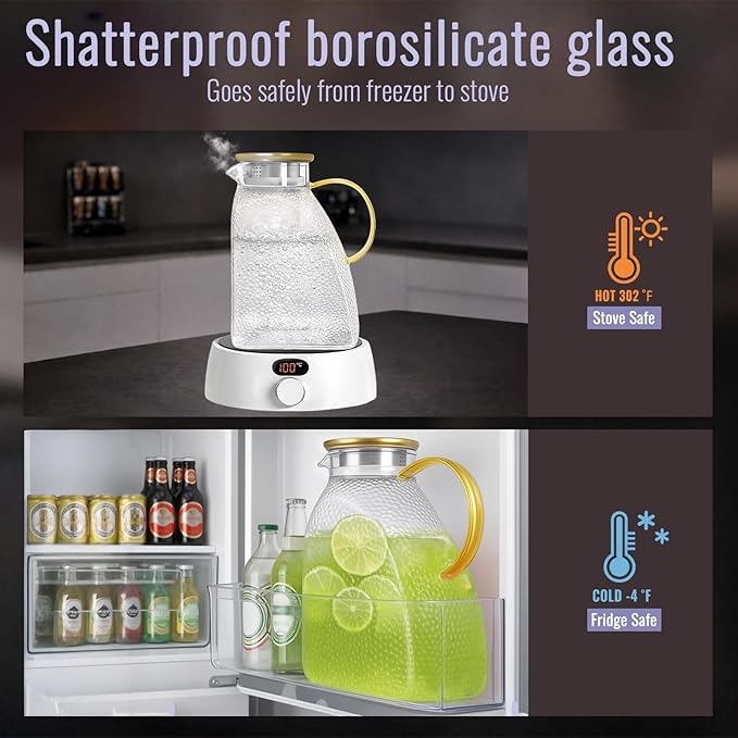 Glass Pitcher With Lid and Spout, 1.8 Liter 60 oz Glass Pitchers With Handle And Lid, Jug Water Pitchers For Fridge, Carafe Jar for Hot/Cold Water Iced Tea Juice Coffee Milk Beverage - Image 8