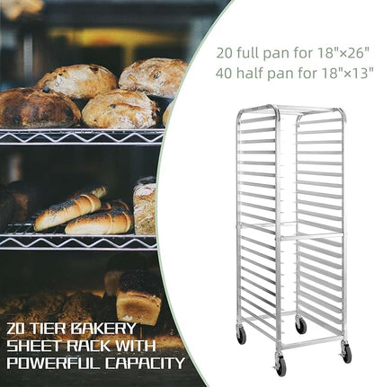 HALLY SINKS & TABLES H Bun Pan Rack 20 Tier with Wheels, Commercial Bakery Racking of Aluminum for Full & Half Sheet - Kitchen, Restaurant, Cafeteria, Pizzeria, Hotel and Home, 26" L x 20" W x 69" H - Image 4