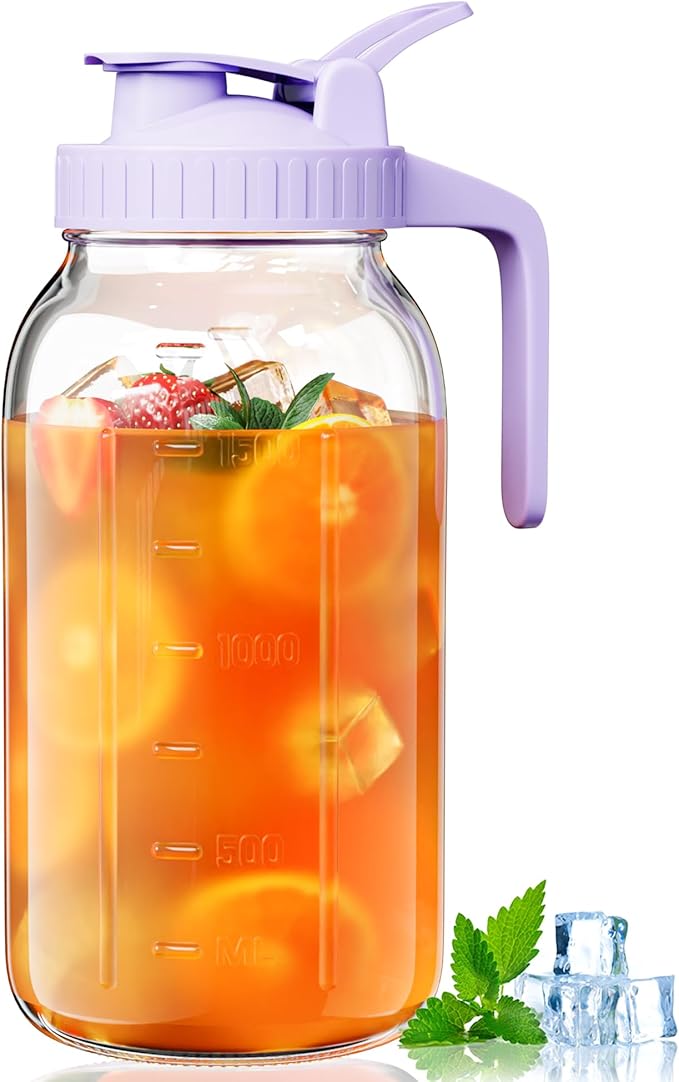 64oz Glass Mason Jar Pitcher with Lid Wide Mouth, 2 Quart Leakproof Glass Water Jug for Juice, Sun Iced Tea, Cold Brew Coffee, Milk Storage, Purple by VA1KENE
