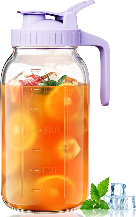 64oz Glass Mason Jar Pitcher with Lid Wide Mouth, 2 Quart Leakproof Glass Water Jug for Juice, Sun Iced Tea, Cold Brew Coffee, Milk Storage, Purple by VA1KENE