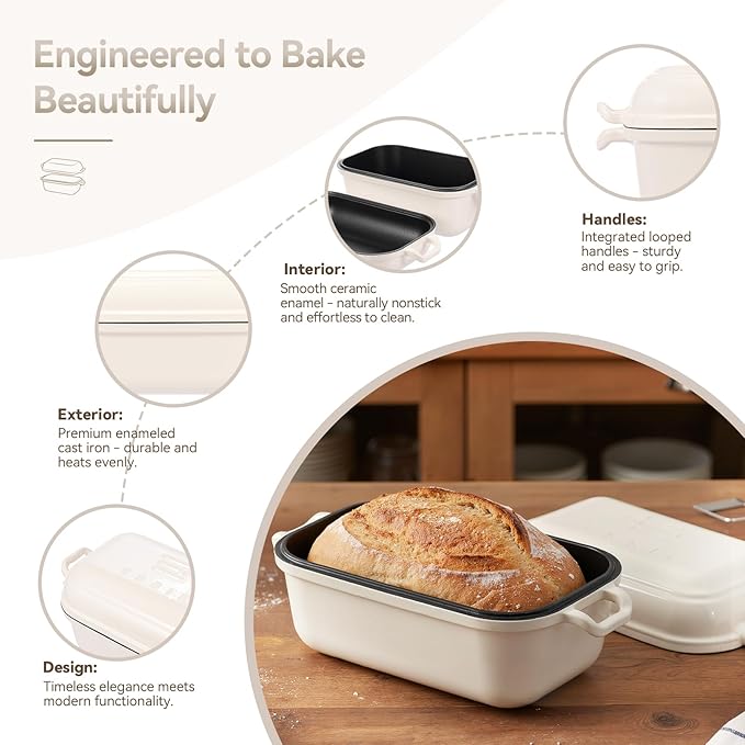 Enameled Cast Iron Dutch Oven for Sourdough Bread Baking, Dutch Oven Pot with Lid, 10×6 Bread Loaf Pans with Lid for Homemade Bread, Cake, Meatloaf, Oven&Induction Safe (White, 3.84 QT) - Image 4