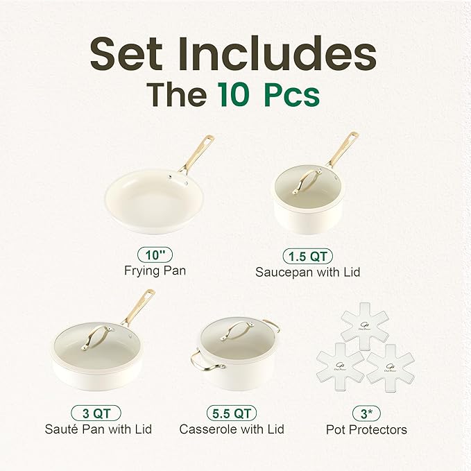 Chef Power Ceramic Cookware Sets, 10Pcs Pots and Pans Set Non Stick, Cookware Set with Stainless Steel Handle, Dishwasher & Oven Safe, Cream White and Light Gold Handle - Image 2