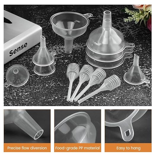 Mini Funnel Kit, 12-Piece Set: 8 Small Funnels (2 Sizes) + 4 Mini Droppers, Food-Grade PP Funnels for Filling Small Bottles, Oils, Spices and Perfume