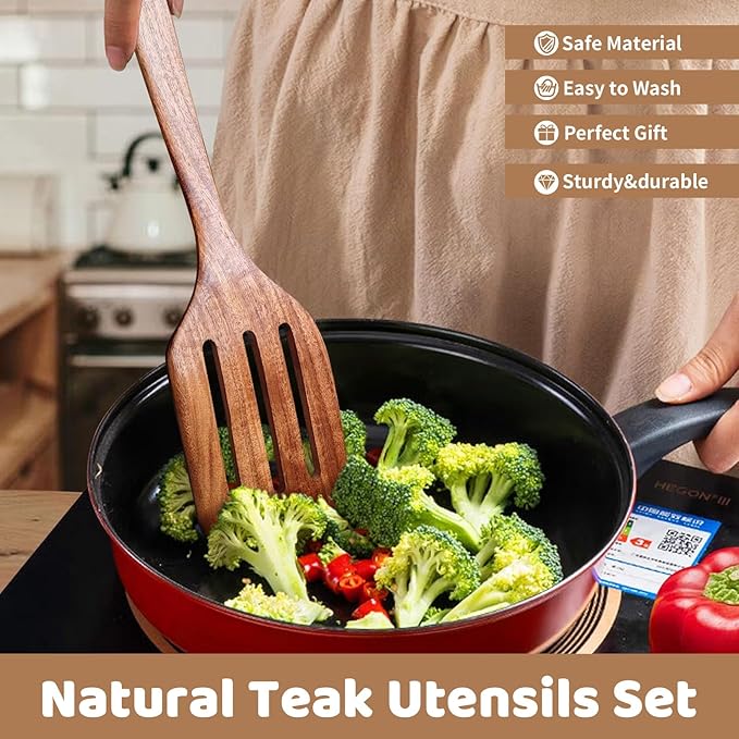 5 PCs Teak Wooden Utensil Set with Hooks, Wooden Spoons for Cooking, Wood Cooking Utensils Set, Comfort Grip, Non Stick Cookware, Easy to Clean, Kitchen Stuff, Wood Spatula - Image 4