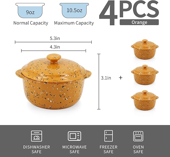 Stoneware Baking Ramekins Set of 4-10 Oz Mini Cocotte with Handles & Lids - Perfect for Oven Baking Souffle, Soup, Cobbler, Individual Serving Casserole Dishes, Orange
