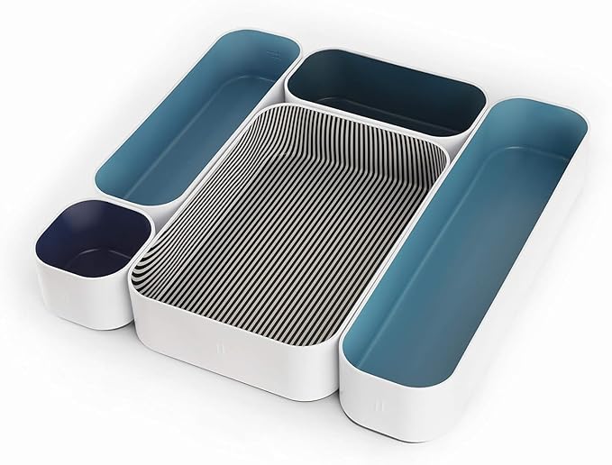 Three by Three Seattle 5 Piece Metal Organizer Tray Set for Storing Makeup, Stationery, Utensils, and More in Office Desk, Kitchen and Bathroom Drawers (2 Inch, Assorted Blue and Stripes) by ThreebyThreeSeattle