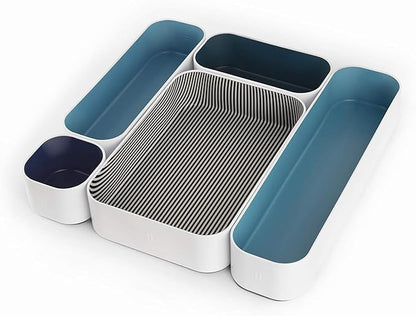 Three by Three Seattle 5 Piece Metal Organizer Tray Set for Storing Makeup, Stationery, Utensils, and More in Office Desk, Kitchen and Bathroom Drawers (2 Inch, Assorted Blue and Stripes) by ThreebyThreeSeattle