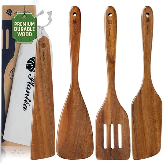 Wooden Spatula for Cooking – Premium Acacia Wooden Cooking Utensils Set of 4 for Nonstick Cookware – Heat Resistant, Scratch-Free & Durable Kitchen Tools with Comfortable Grip