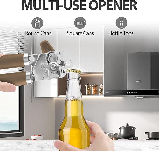 Safring Can Opener Manual, Heavy Duty Handheld Strong Can Opener with Soft Touch Handle, Sharp Blade Smooth Edge, Can Openers with Multifunctional Bottle Opener, Coffee - Image 5