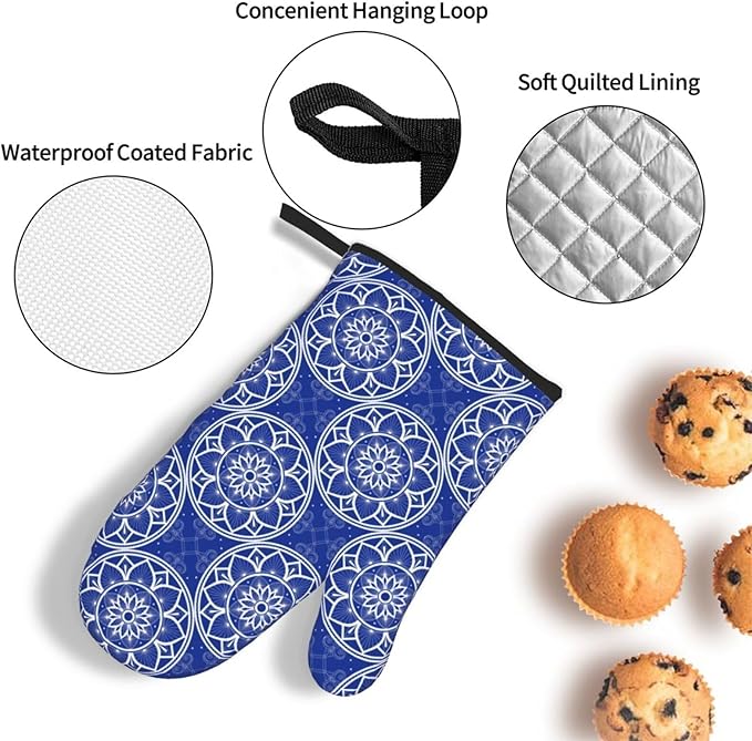 Chinoiserie Blue and White Floral Oven Mitts and Pot Holders Sets of 3, Heat Resistant Non-Slip Boho Kitchen Gloves for Baking Cooking Grilling, Navy Blue Hot Pads for Kitchen Decor, Gifts for Women - Image 6