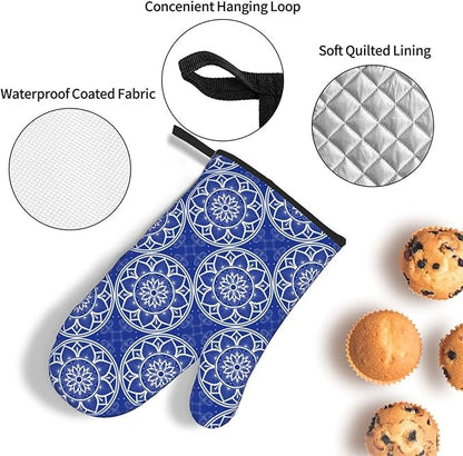 Chinoiserie Blue and White Floral Oven Mitts and Pot Holders Sets of 3, Heat Resistant Non-Slip Boho Kitchen Gloves for Baking Cooking Grilling, Navy Blue Hot Pads for Kitchen Decor, Gifts for Women - Image 6