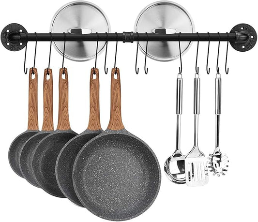 Toplife 31.5 inch Pot Rack, Kitchen Wall Mounted Detachable Pan Lid Utensils Organizer Hanging Rail with 14 Hooks, Black by Toplife