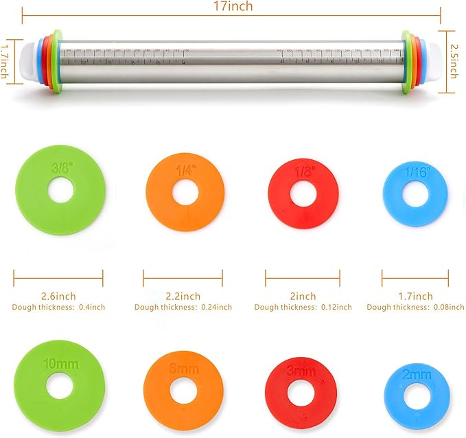Rolling Pin with Thickness Rings, Fulimax 17" Adjustable Stainless Steel Rolling Pins for Baking, Dough Roller for Fondant Pizza, Pie, Pasta, Cookies, Cakes, Kitchen Baking Supplies - Image 4