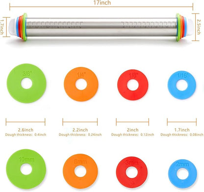 Rolling Pin with Thickness Rings, Fulimax 17" Adjustable Stainless Steel Rolling Pins for Baking, Dough Roller for Fondant Pizza, Pie, Pasta, Cookies, Cakes, Kitchen Baking Supplies - Image 4