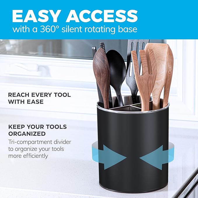 Cooler Kitchen Black Rotating Extra Large Stainless Steel Utensil Holder Caddy with Sturdy No-Tip Weighted Base, Removable Divider, and Gripped Insert - Dishwasher Safe Metal Cooking Utensil Holder - Image 2