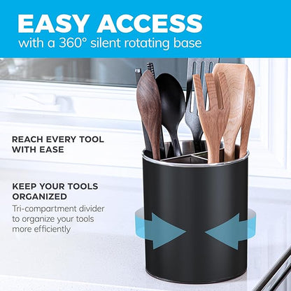 Cooler Kitchen Black Rotating Extra Large Stainless Steel Utensil Holder Caddy with Sturdy No-Tip Weighted Base, Removable Divider, and Gripped Insert - Dishwasher Safe Metal Cooking Utensil Holder - Image 2