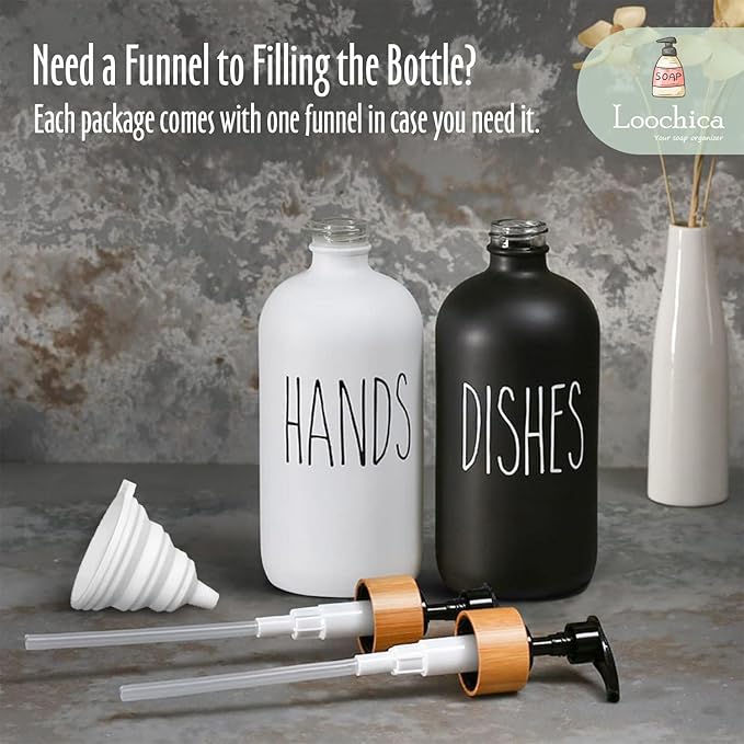 LOOCHICA 2 Pack Glass Soap Dispenser Set, Hand and Dish Glass Soap Dispensers for Kitchen Sink, Kitchen Soap Dispenser Set Suitable for Black and White Kitchen Décor - Image 9