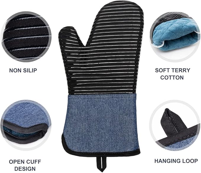 Yutat Oven Mitts, Pot Holders Set of 4 Made with Pure Cotton and Food Grade Non-Slip Silicone - 500 F Heat Resistant Oven Mitts and Pot Holders Sets for Kitchen Cooking (4pcs Set, Black and Denim) - Image 3