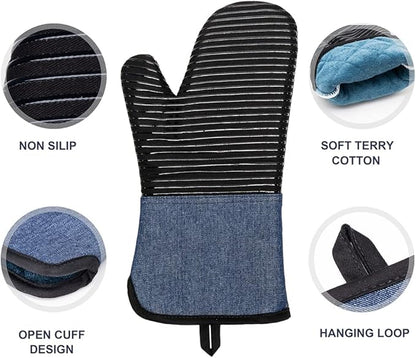 Yutat Oven Mitts, Pot Holders Set of 4 Made with Pure Cotton and Food Grade Non-Slip Silicone - 500 F Heat Resistant Oven Mitts and Pot Holders Sets for Kitchen Cooking (4pcs Set, Black and Denim) - Image 3