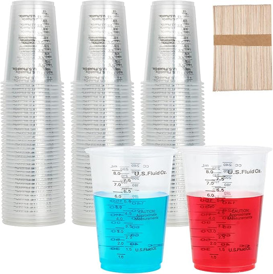 200 PACK Plastic Measuring Cups, 8 oz Disposable Mixing Cups with 100 Wooden Mixing Sticks, Can Be Used for Epoxy Resin, Liquid Measuring, Paint, Cooking and Baking by Lilymicky