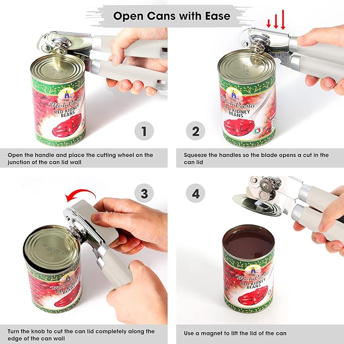 Beneno Heavy Duty Hand Can Opener Manual with Magnet, Durable Sharp Carbon Steel Blade Smooth Cutting, Big Effort-Saving Knob & Soft Grip Handle, Multifunctional Kitchen Tool with Bottle Opener, Beige - Image 4