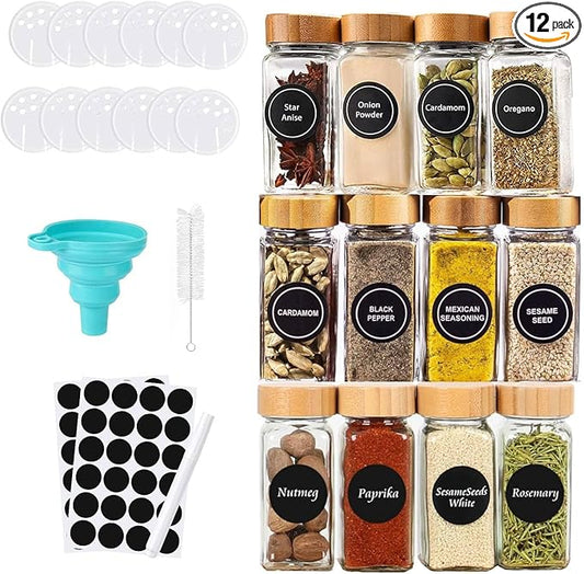 Glass Spice Jars with Label - Square Spice Containers 4 oz - Includes Cleaning Brush & Label pen - Seasoning Jars - 12Pcs by Unknown