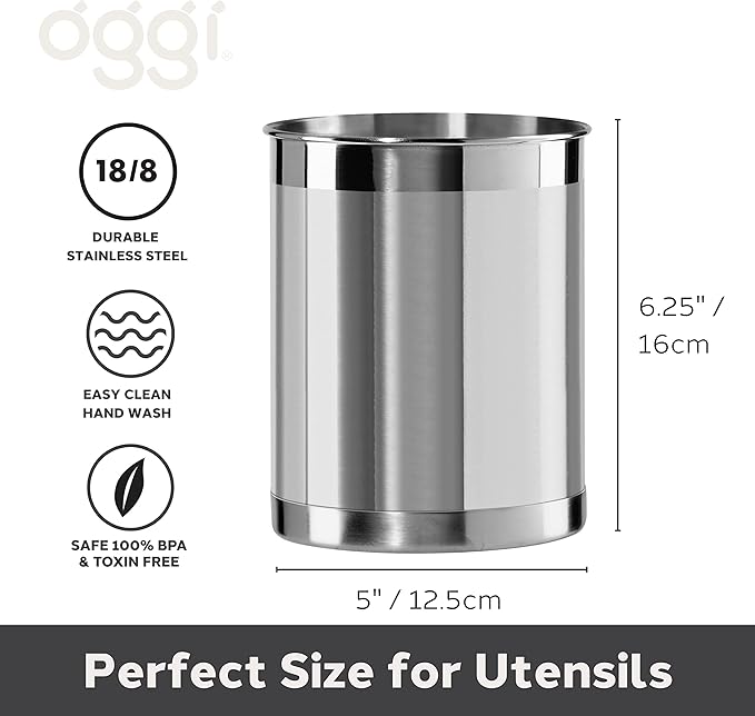 Oggi Stainless Steel Utensil Holder - 5" Diameter, Utensil Caddy, Weighted Base for Stability - Larger-Sized Utensil Crock and Countertop Utensil Organizer, Stainless Steel - Image 4