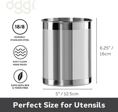 Oggi Stainless Steel Utensil Holder - 5" Diameter, Utensil Caddy, Weighted Base for Stability - Larger-Sized Utensil Crock and Countertop Utensil Organizer, Stainless Steel - Image 4