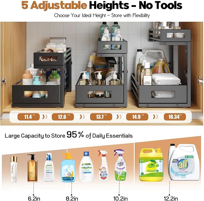 2-Pack Under Sink Organizer and Storage,2-Tier L Shape Pull Out Cabinet Organizer With Round Tube Slide Rails,Hight Adjustable Slide Out Drawers for Kitchen&Bathroom,Multi-Purpose Shelf-Black - Image 7