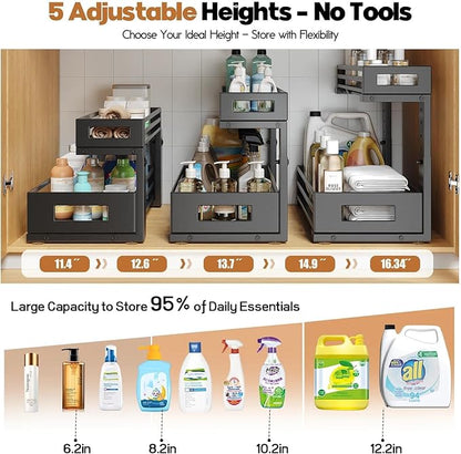 2-Pack Under Sink Organizer and Storage,2-Tier L Shape Pull Out Cabinet Organizer With Round Tube Slide Rails,Hight Adjustable Slide Out Drawers for Kitchen&Bathroom,Multi-Purpose Shelf-Black - Image 7