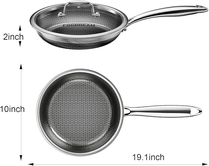 FogDream 10" 11" Stainless Steel Frying Pan with Lid, Honeycomb Hybrid Nonstick Skillet for Induction & All Cooktops, PFAS/PFOA/PTFE Free, Oven Safe to 500°F, Stay-Cool Handle, Dishwasher Safe, Silver - Image 2