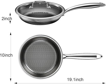 FogDream 10" 11" Stainless Steel Frying Pan with Lid, Honeycomb Hybrid Nonstick Skillet for Induction & All Cooktops, PFAS/PFOA/PTFE Free, Oven Safe to 500°F, Stay-Cool Handle, Dishwasher Safe, Silver - Image 2