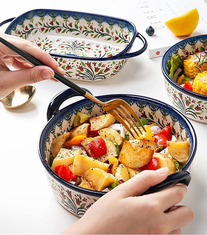 Vintage Style Tulip Flower Pattern Ceramic Bakeware Casserole Dish Baking Pan Lasagna Pans Baking Dish with Handles for Oven/Cooking/Kitchen-1 PCS-32 OZ - Image 3