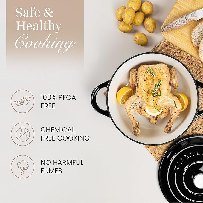 Cast Iron Dutch Oven with Lid – Non-Stick Ovenproof Enamelled Casserole Pot – Sturdy Dutch Oven Cookware – Black, 3.1-Quart, 22cm – by Nuovva - Image 4